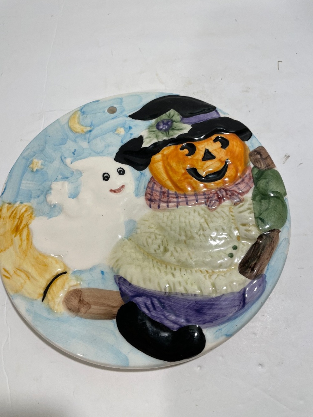 Vtg Halloween Hand-Painted Ceramic Hanging Trivet W/Pumpkin Witch